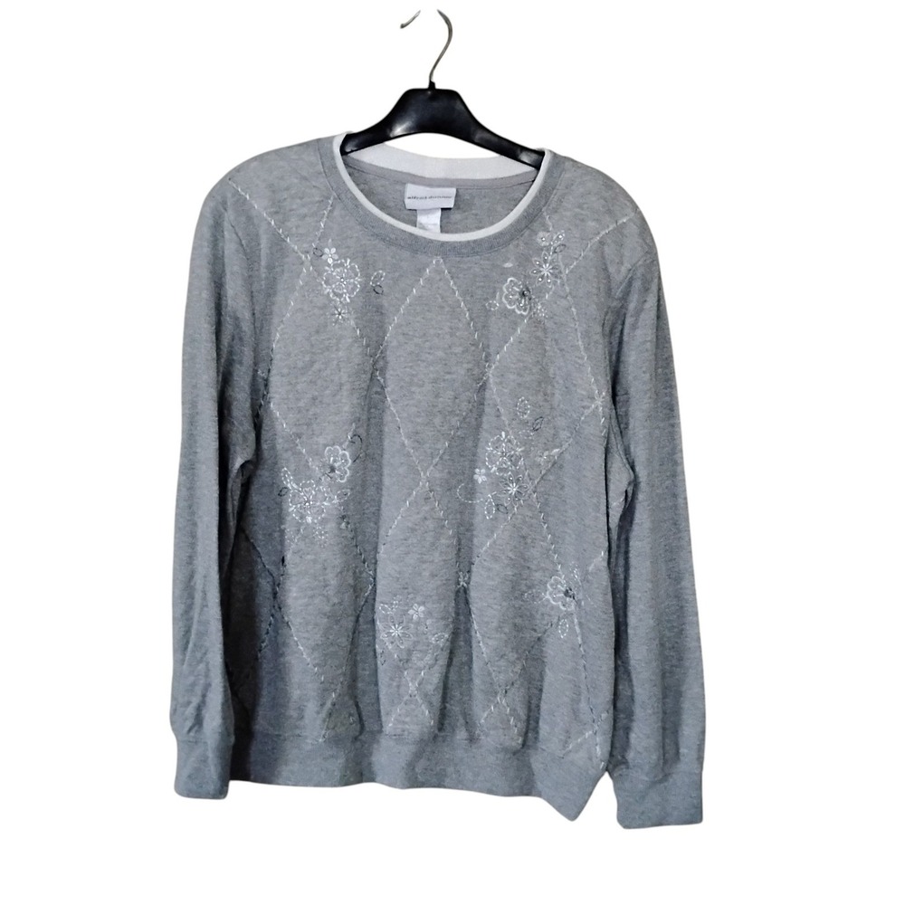 Alfred Dunner Gray Embroidered Floral Sequin Argyle Sweatshirt Large